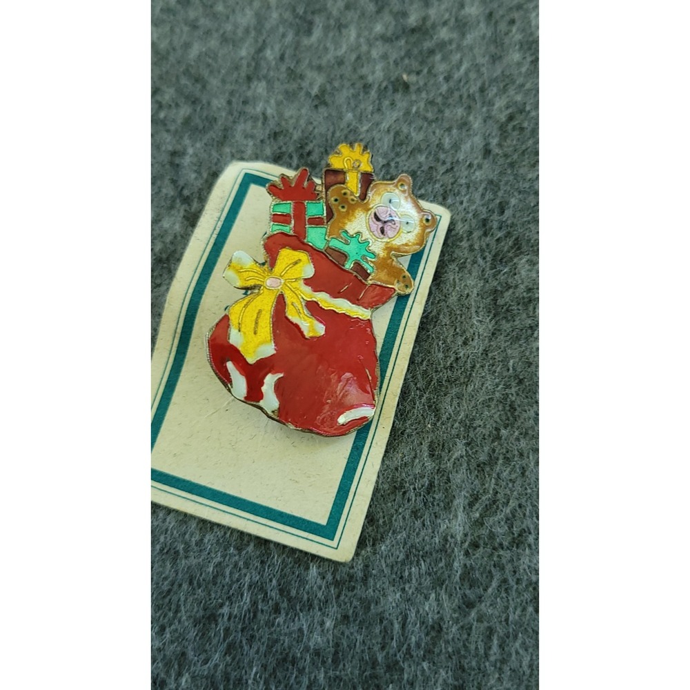 GITA Sterling Silver Glass Enamel Christmas Stocking Bear Pin Brooch 1.25in 5g